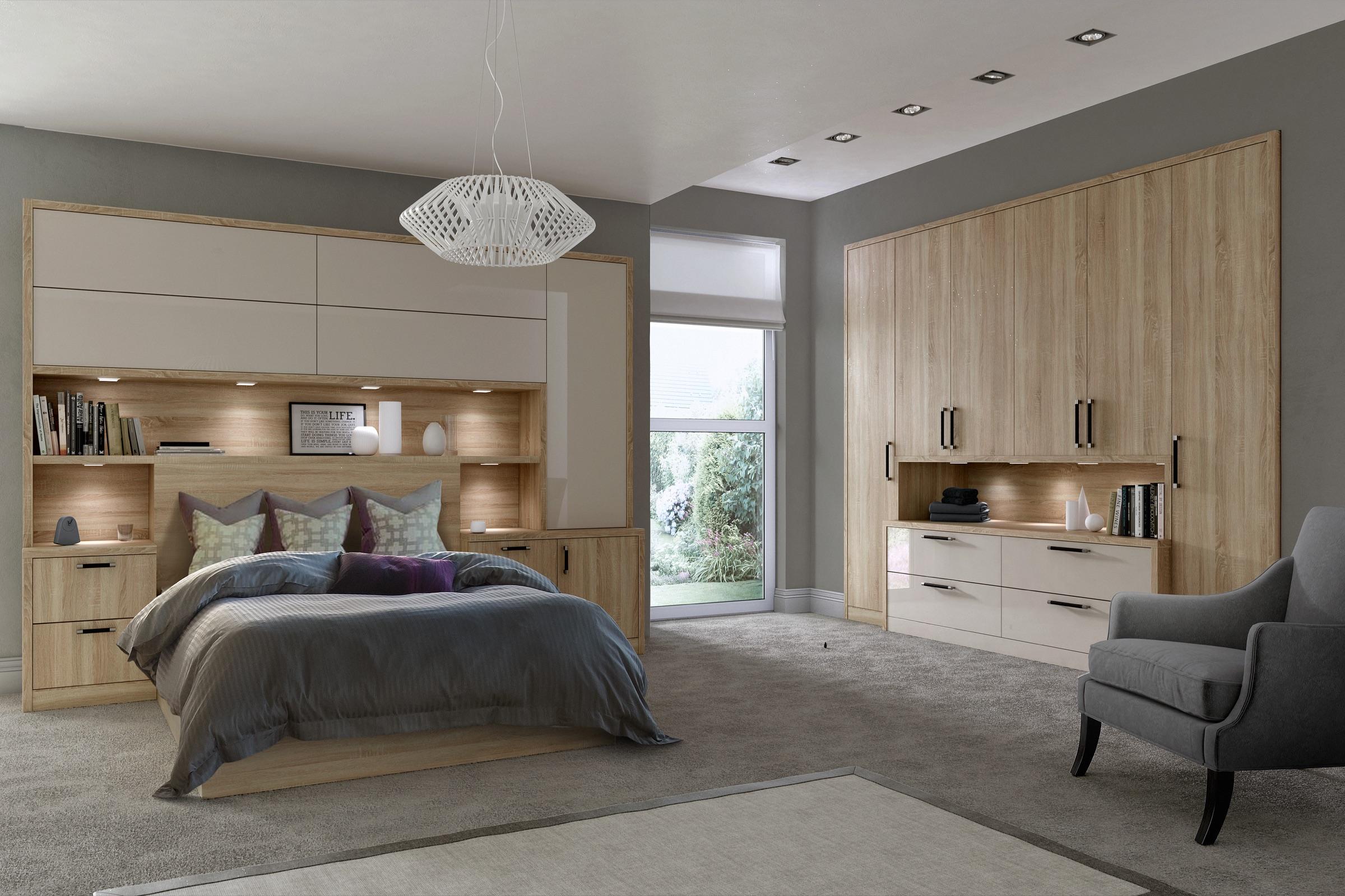 Daval 'Como' fitted bedroom in oak and gloss cashmere, with overbed storage and matching bedside units